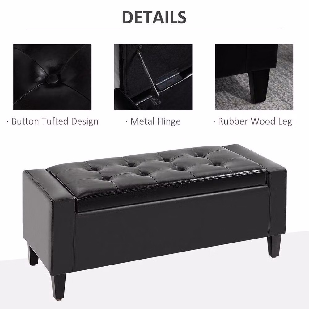 FORGEVIO Black PU Leather Storage Ottoman Bench with Rubberwood Frame, W: 150 cm, D: 40 cm, H: 40 cm – 4