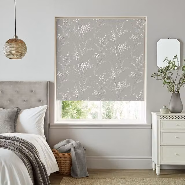 Laura Ashley Pussy Willow Thermal Blackout Roller Blind in Grey Floral Polyester