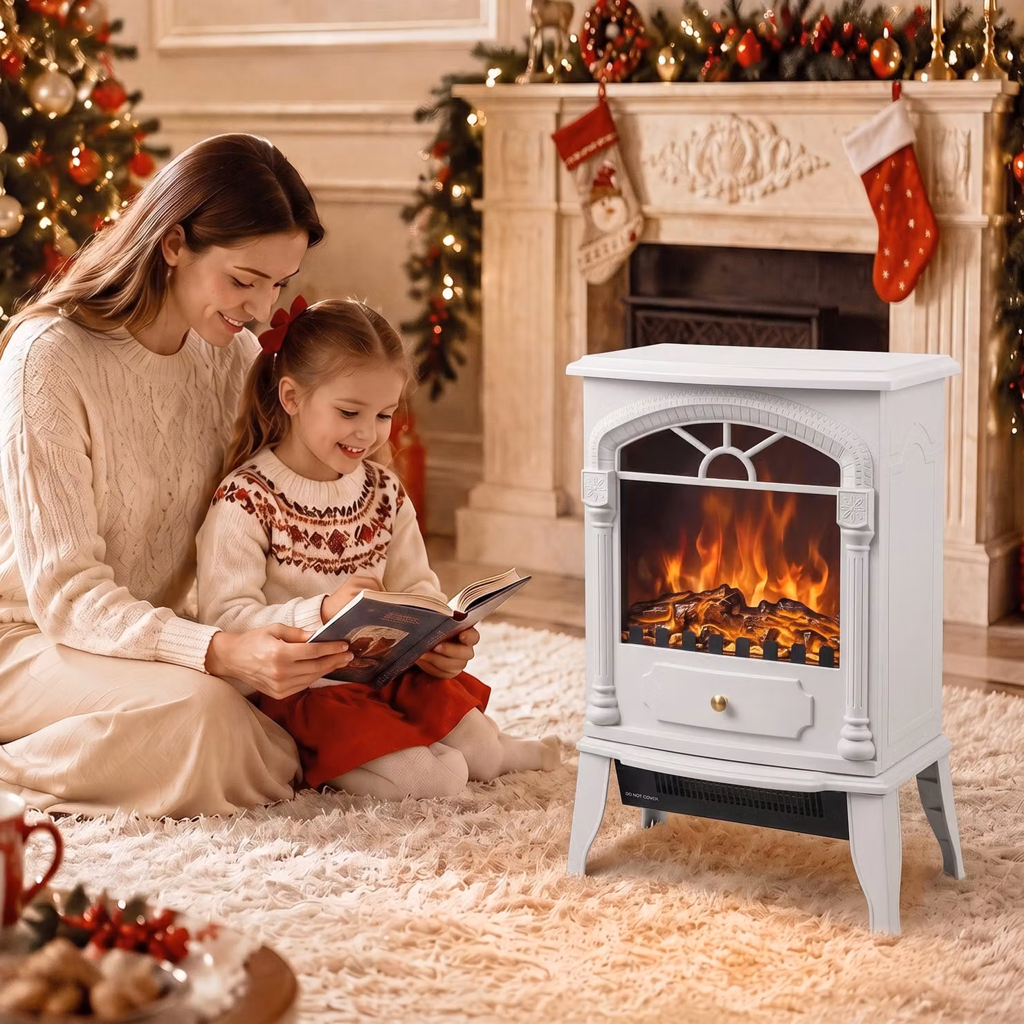 HOMCOM Freestanding Portable Electric Fireplace Stove Heater with 3D Flame Effect and Adjustable Thermostat, White – 8