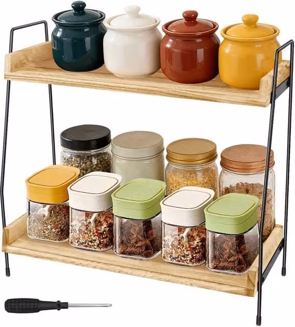 VOGREX 2 Tier Free Standing Spice Jar Storage Organiser in Beige Wood, W: 38.0 cm, D: 19.0 cm, H: 37.0 cm