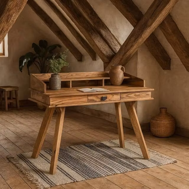 Wyld Haus New York Sheesham Wood Writing Desk with Drawer and Top Shelf, Brown, W: 117 cm, D: 60 cm, H: 78 cm – 1