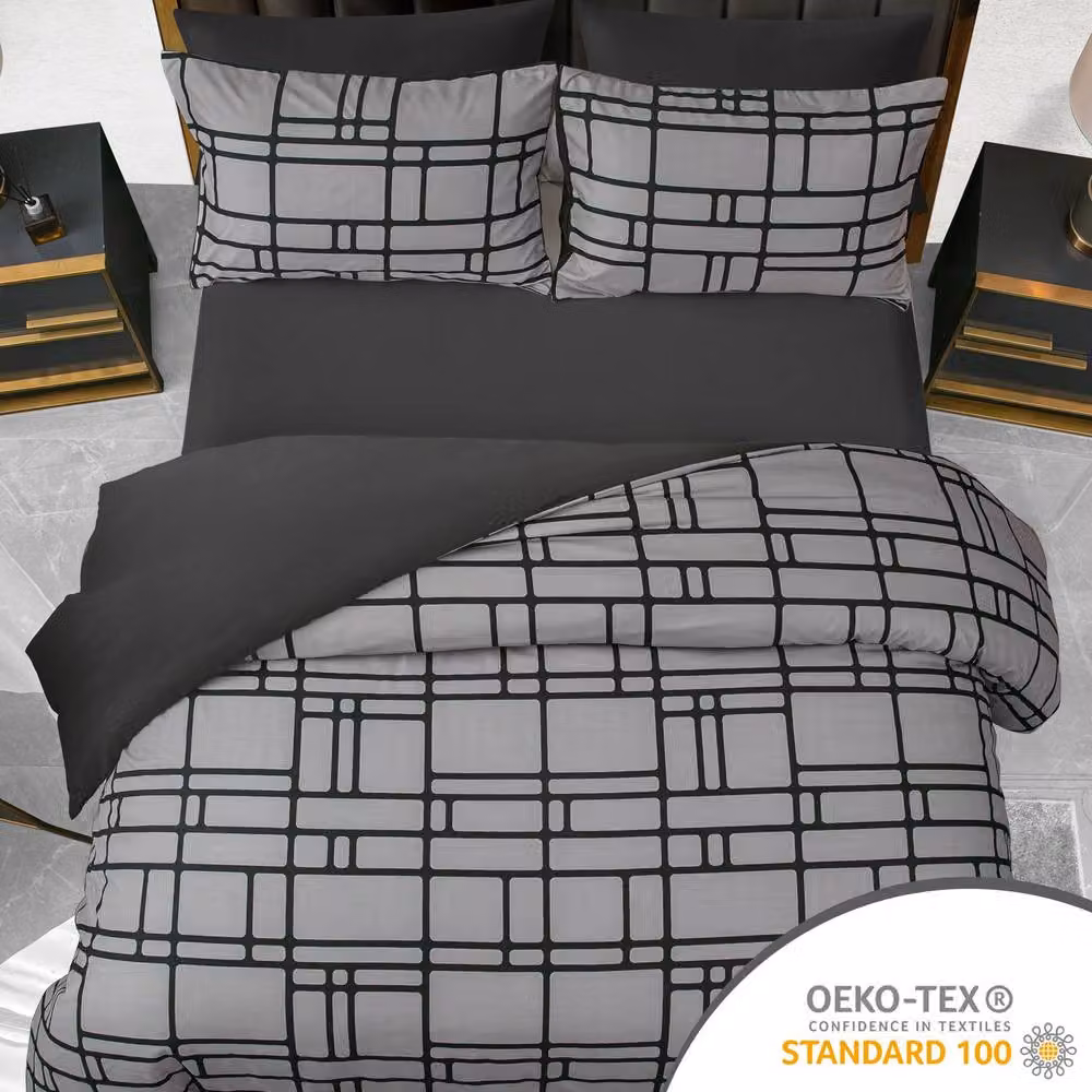 Pamposh Reversible Microfibre Duvet Cover and Pillowcase Set in Black and Grey, W: 140 cm, H: 200 cm – 3