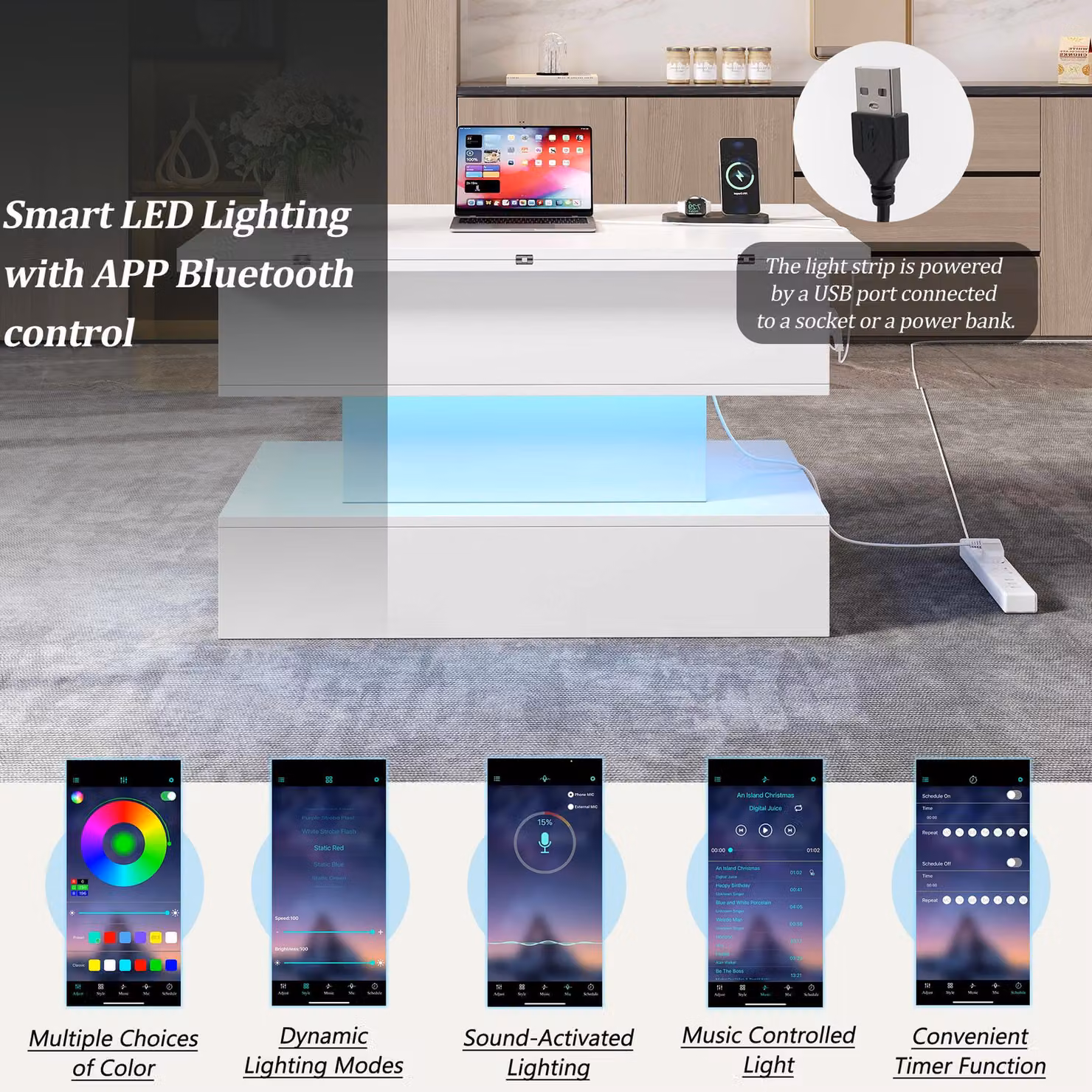 Aosom UK Multifunctional White Modern Coffee Table with Integral Power Outlet and App-Controlled LED Light, W: 100 cm, D: 50 cm, H: 51.5 cm – 3