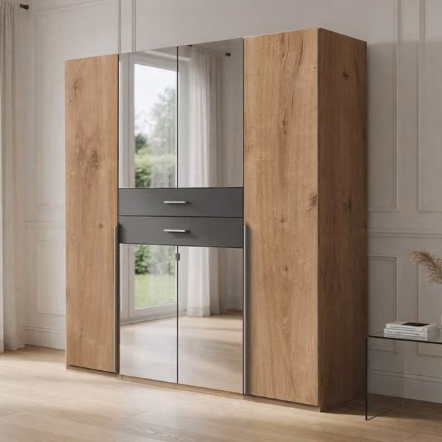Denver 4 Door Wardrobe in Planked Oak and Graphite with Mirror, Width: 180 cm