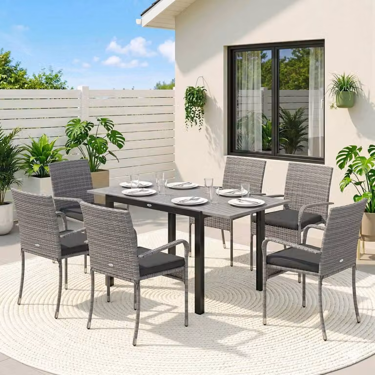 Outsunny 7 Piece Extendable Rattan Garden Furniture Set in Light Grey with Acacia Wood Table