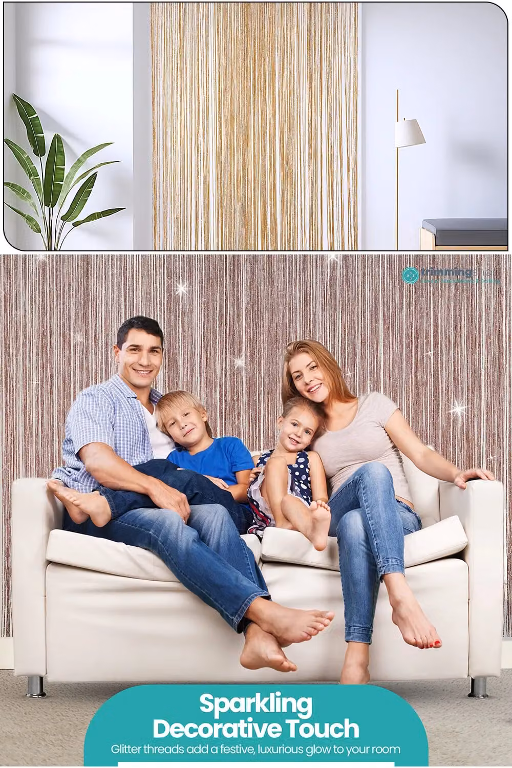 Neel Blue Glitter Polyester Spaghetti Tassel String Curtain Panel in Burgundy, W: 100 cm, H: 200 cm