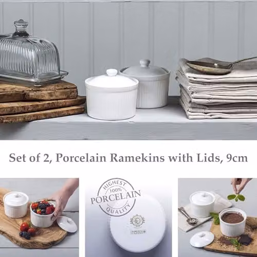 WM Bartleet & Sons Set of 2 White Porcelain Ramekins with Lids, 9cm Diameter – 2