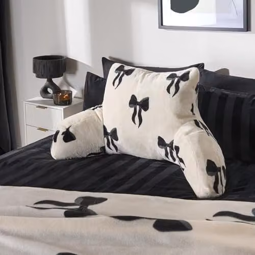 OHS Bow Print Cuddle Cushion in Black and White, Soft Fleece Reading Pillow, W/D/H: 65 x 40 x 40 cm – 1