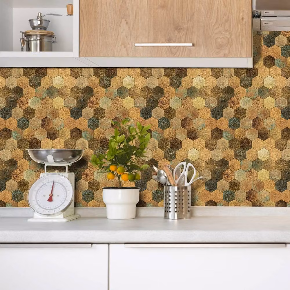 ENER-J Britwall Hexagon Aluminium Mosaic Peel & Stick Wall Tiles, Mixed Bronze, Pack of 4, W: 29.3 cm x H: 28.5 cm – 6