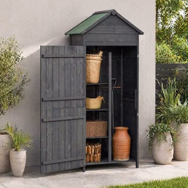 STILVORA Grey Wooden Tall Cabinet with Double Doors and Shelving, H 188 x W 73.5 x D 42 cm
