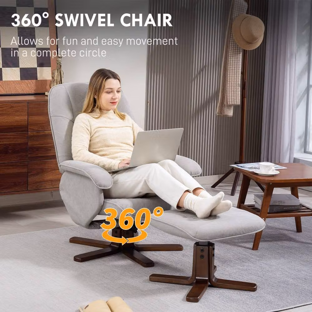 STILVORA Modern Grey Fabric Recliner Chair with Matching Ottoman and 360 Degree Swivel Function – 4
