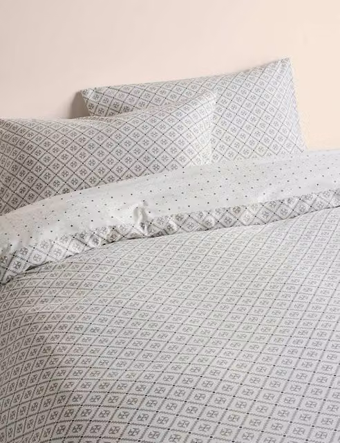 M&S White Cotton Blend Geometric Tile Bedding Set, W: 140 cm, L: 200 cm