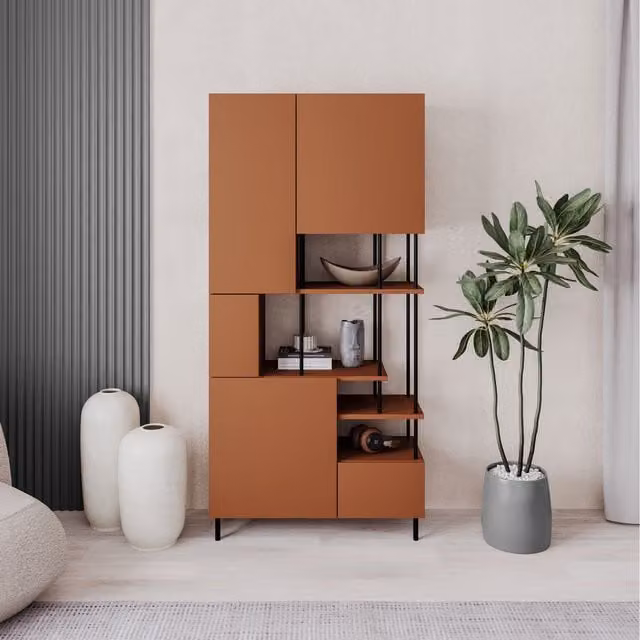 Decortie Modern 5-Door Bookcase Cabinet with Open Shelves, H 175 x W 84 x D 34 cm