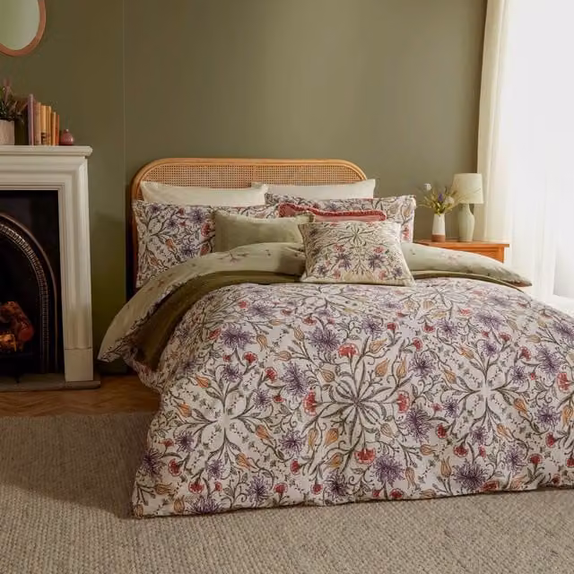 Wylder Tilda Floral Cotton Reversible Duvet Cover Set, Green and Multicolour, W: 180 cm, H: 200 cm