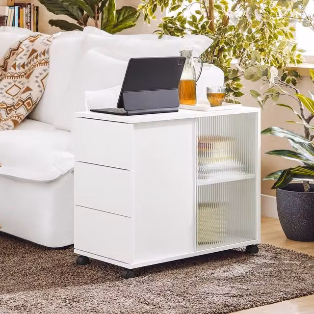 SoBuy Mobile Coffee Table with Glass Doors and Castors in White – 1