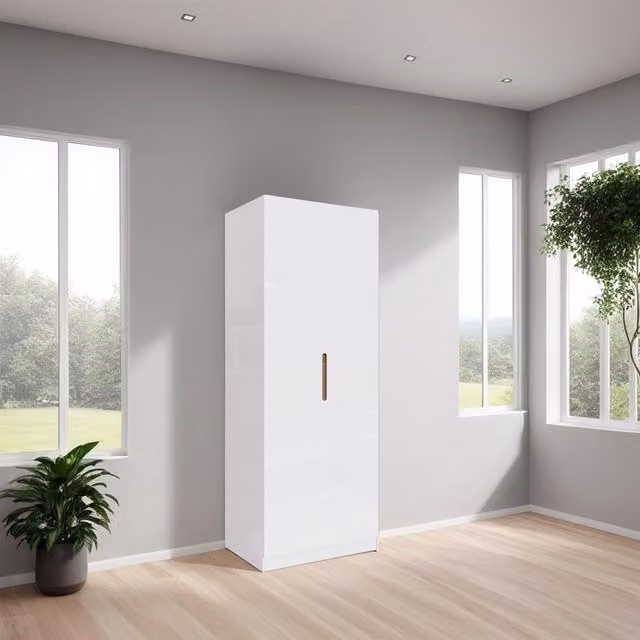 FWStyle Modern High Gloss White 2 Door Wardrobe with Internal Shelves and Hanging Rod