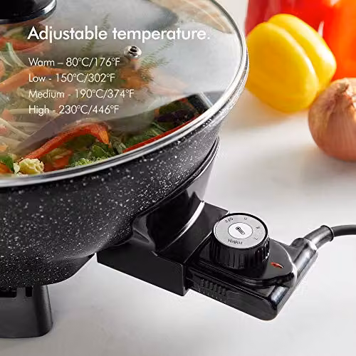 VonShef 1400W Electric Non-Stick Wok with Tempered Glass Lid, 5L Multicooker Skillet in Black – 4