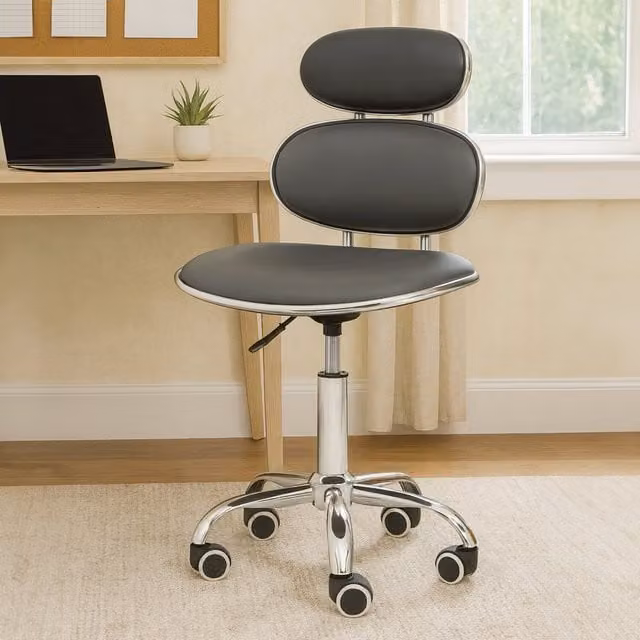 Orsina Ergonomic Black Synthetic Leather Swivel Home Office Chair with Headrest and Castors in Silver