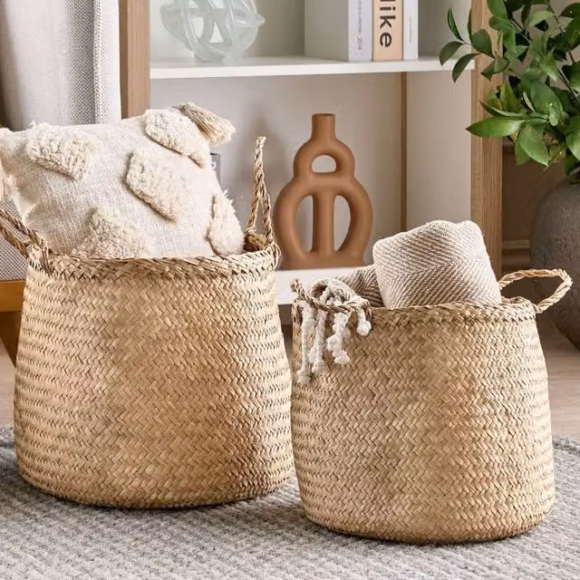 Wyld and Coco Set of 2 Handwoven Natural Seagrass Baskets in Beige and Sand with Handles – 1