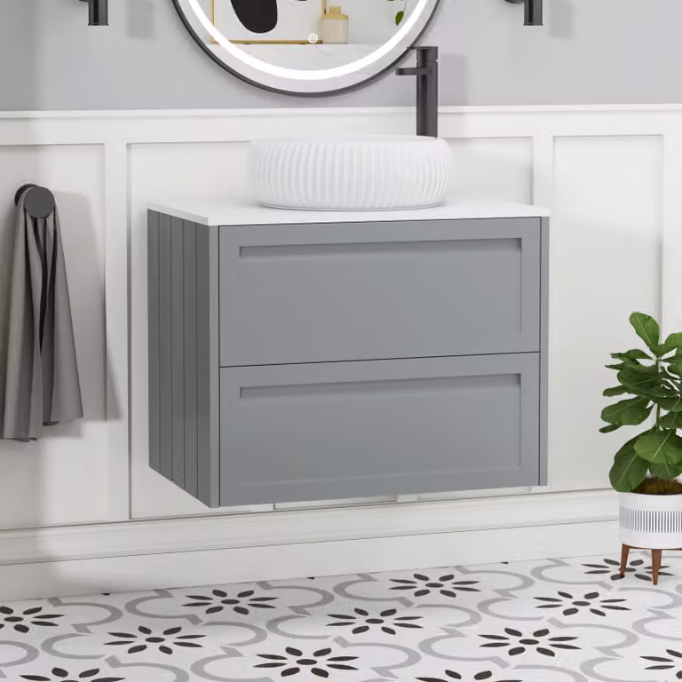 Royal Bathrooms Elmore Wall Hung Vanity Unit with Milan Basin, Matt Pebble Grey and Plain White Worktop, Width: 70 cm