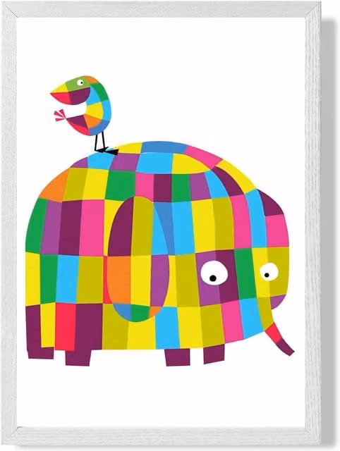 ARTZE Elephant Bright Geometric Animal Framed Print, Multicolour, White Wood Frame, A3 – 1