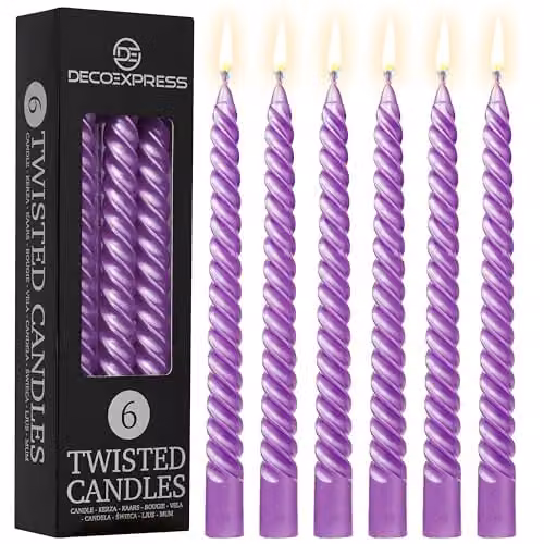 Deco Express Non-Drip Twisted Unscented Dinner Candles, Metallic Purple, Pack of 6