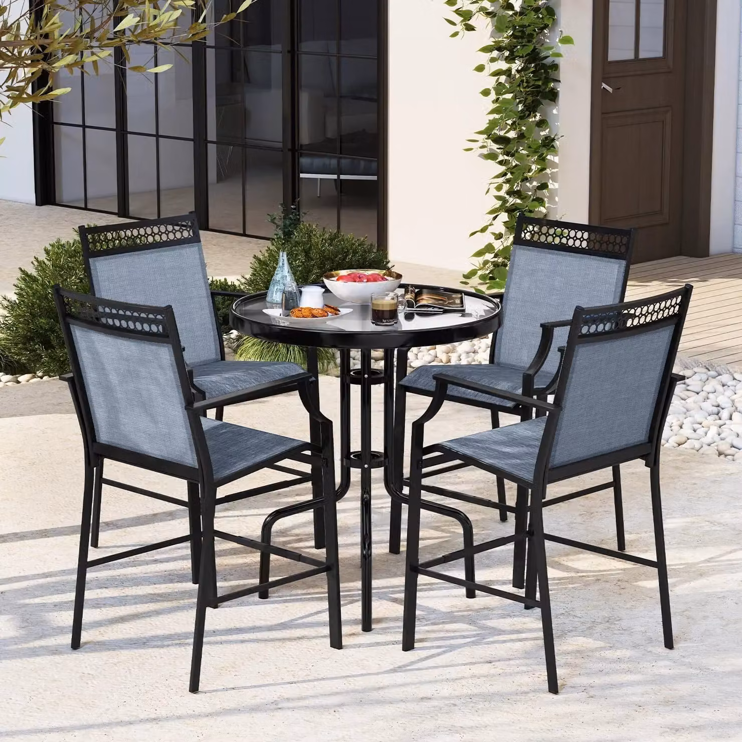 Costway Set of 2 Blue Metal Outdoor Patio Counter Height Chairs with Footrest – 5