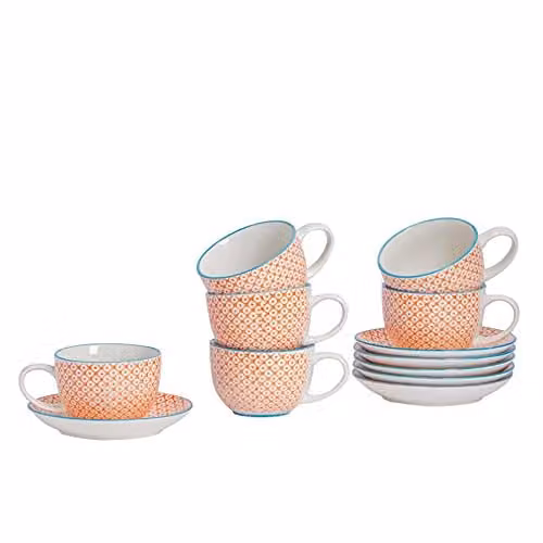 Nicola Spring 12 Piece Hand-Printed Floral Orange Stoneware Cappuccino Cup and Saucer Set, 250ml – 1