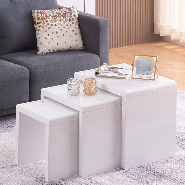 Comfy Living Modern High Gloss White Nest of Tables with Glass and MDF Tops