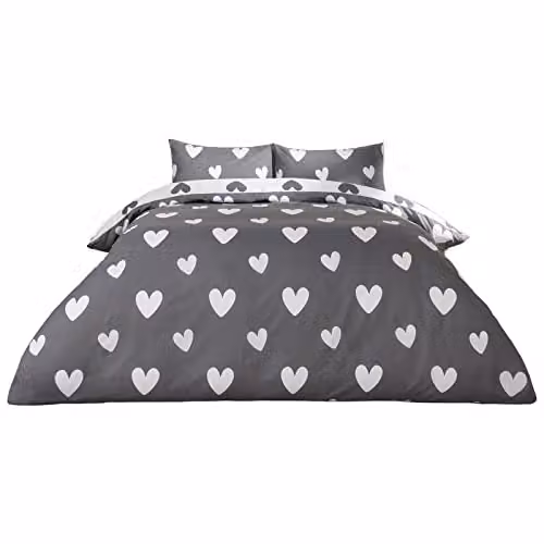 OHS Love Heart Reversible Printed Duvet Cover and Pillowcase Set, Grey and White, W/D/H: 200 x 200 cm with Pillowcase 50 x 75 cm – 1