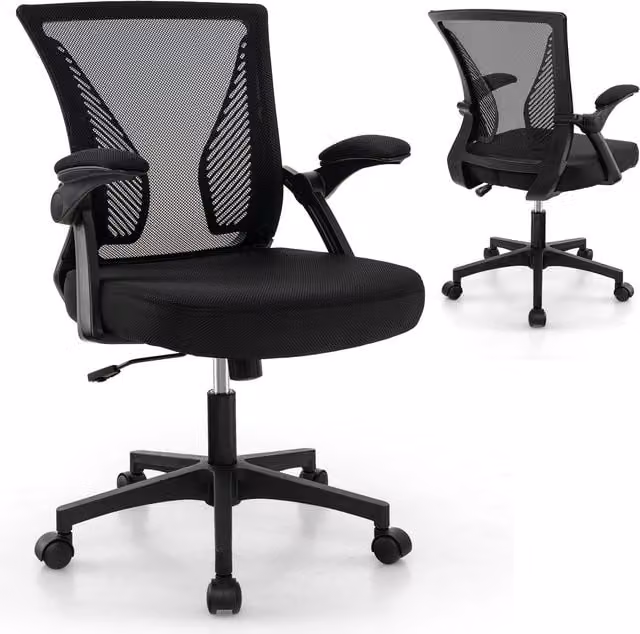 Costway Modern Black Fabric Mesh Task Chair with Armrests and 360 Degree Swivel for Home Office