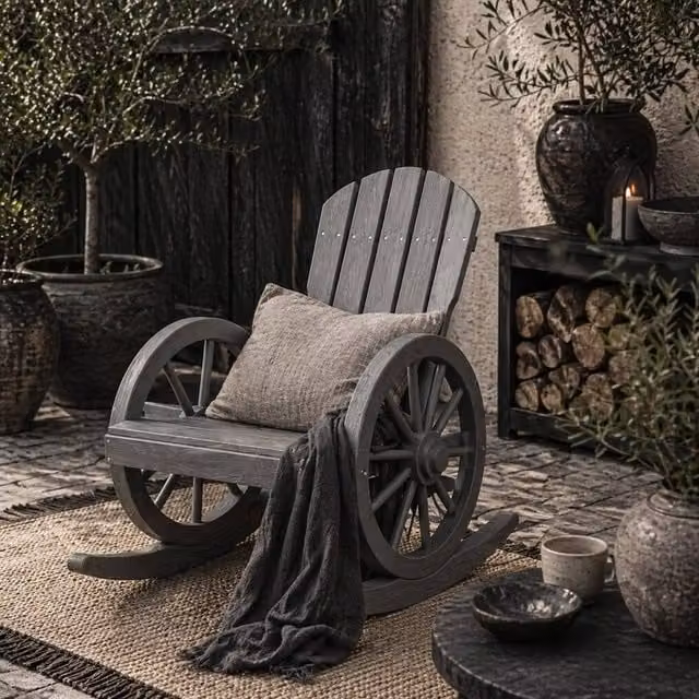 Wyld Haus Elna Grey Fir Wood Adirondack Style Outdoor Rocking Armchair – 1