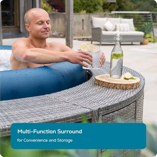 Lay-Z-Spa Grey Rattan Hot Tub Surround with Built-in Storage and Acacia Wood Steps for Gardens and Terraces – 2