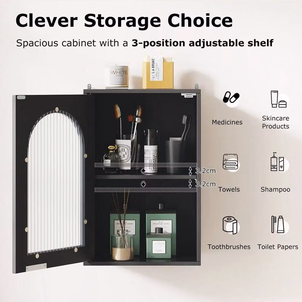 KORVIXA Modern Black Wall-Mounted Bathroom Medicine Cabinet with Glass Doors and Internal Shelves – 3