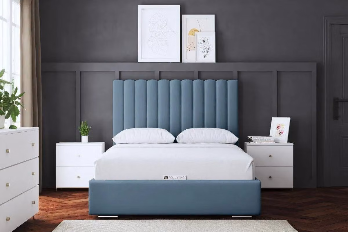 DS Living Evangaline Metallic Blue Panel Ottoman Bed with Headboard, W: 100 cm, L: 210 cm – 2