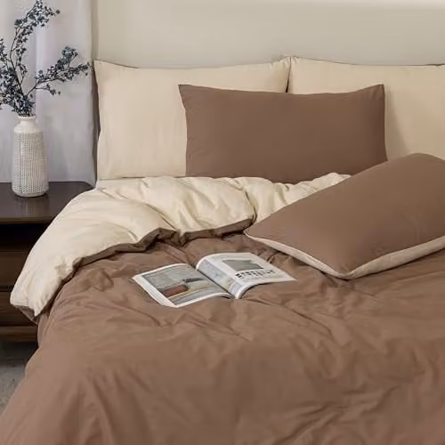 MHG Living Reversible Brown 100% Cotton Percale Duvet Cover and Pillowcase Set, W/D/H: 180 x 200 cm, Pillowcase: 48 x 74 cm – 1