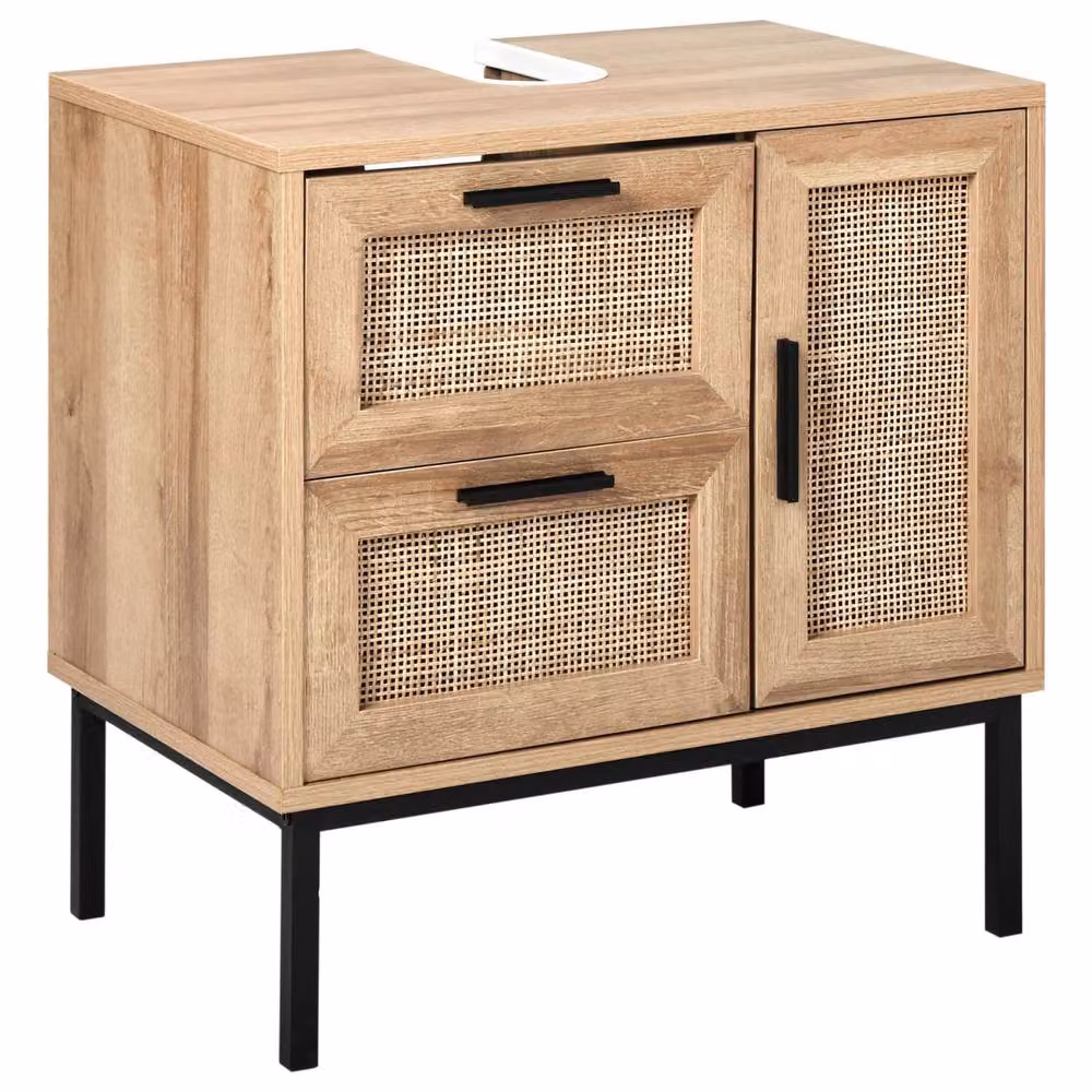 Wyld and Coco Wall Mounted Bathroom Cabinet with Rattan Front, Drawers and Cupboard, Beige and Brown, W/D/H: 60 x 60 x 60 cm – 2