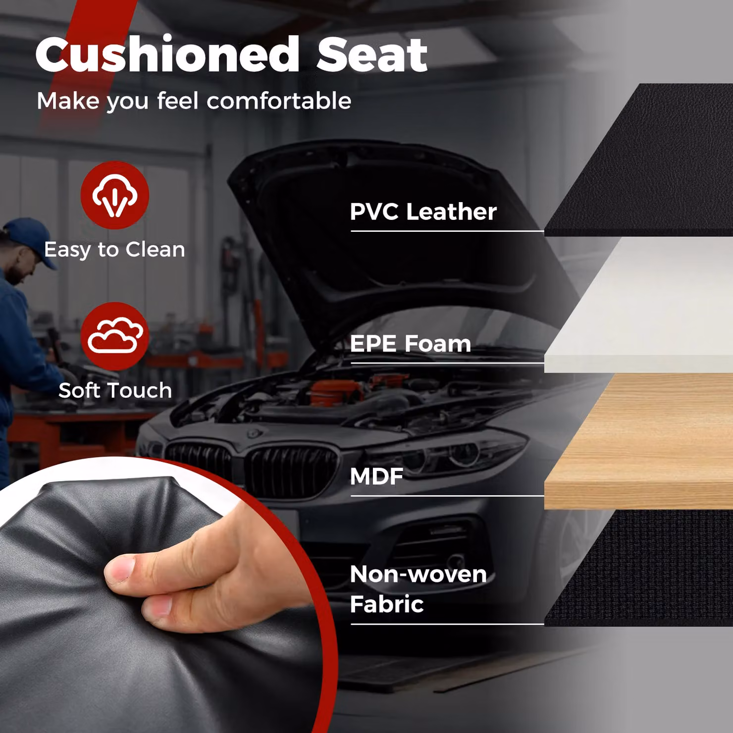 Costway 2-in-1 Folding Rolling Creeper Seat with Red PVC Padded Seat – 8
