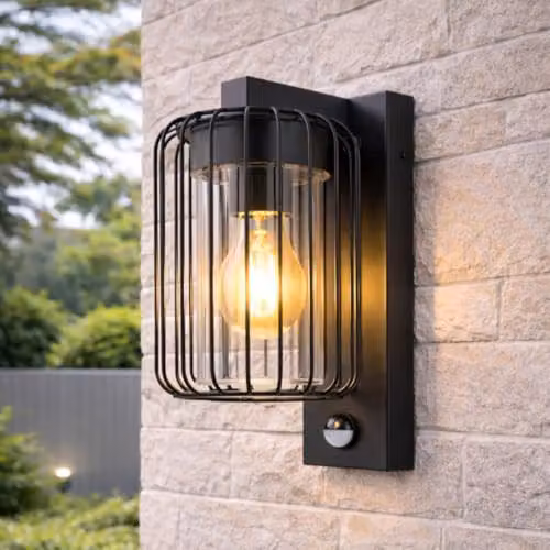 CGC Lighting Alvin Black Modern Outdoor Cage Wall Lantern with PIR Motion Sensor and E27 Bulb Holder