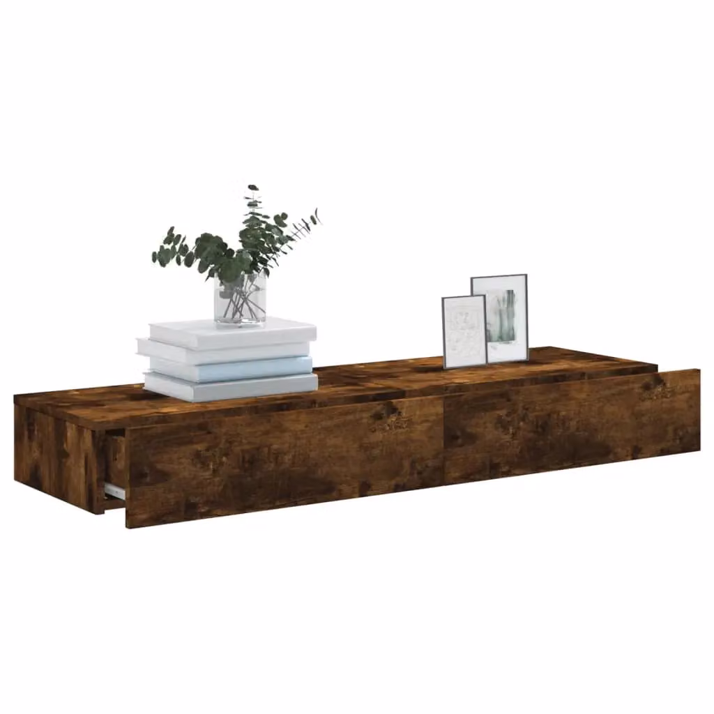 Berkfield Home Set of 2 Modern Wall Mounted TV Cabinets with Integrated LED Lights in Smoked Oak Brown, W: 60 cm, D: 35 cm, H: 15.5 cm – 3