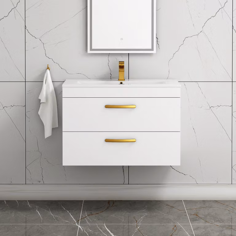 Royal Bathrooms Turin 800mm Gloss White Wall Hung Vanity Unit with 2 Drawers and Brushed Brass Handle