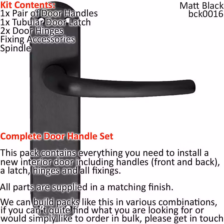 Loops Matt Black Curved Round Lever Door Handle and Latch Pack with Slim Curved Backplate