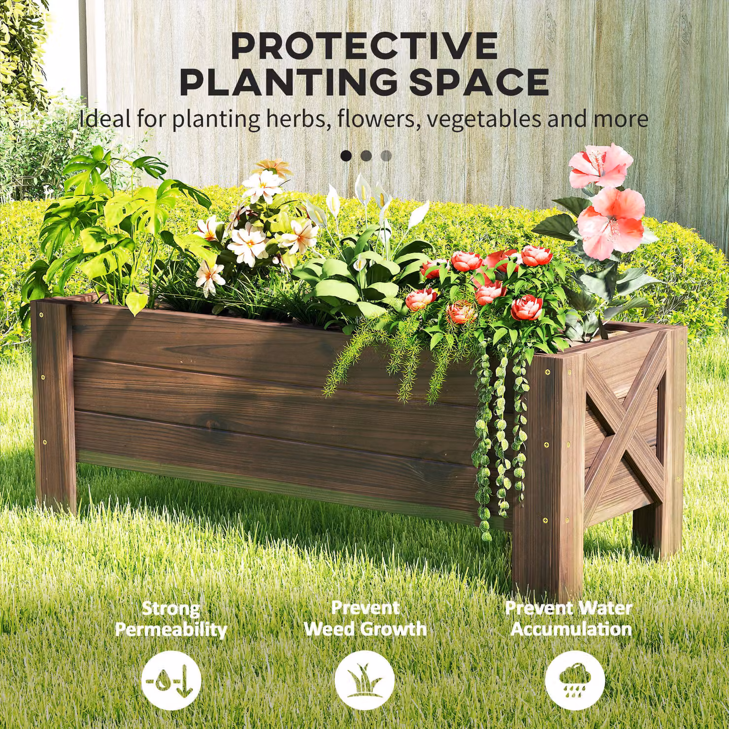 Outsunny Brown Fir Wood Raised Garden Bed for Flowers, Vegetables and Herbs, W: 100 cm, D: 36.5 cm, H: 36.5 cm – 4