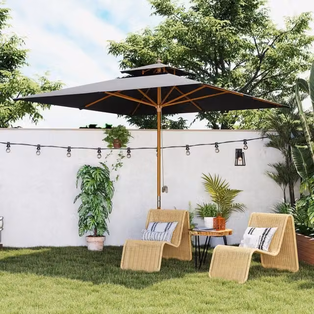 Outsunny Black Patio Garden Sun Umbrella with Bamboo Wood Frame, W/D/H: 300 x 300 x 300 cm