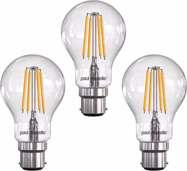 Paul Russells 7W LED Filament Globe Bulb, B22, Dimmable, Warm White, Pack of 3
