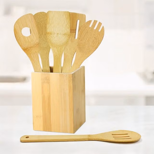 Joejis Bamboo Wooden Kitchen Utensils in Brown, Orange and Beige