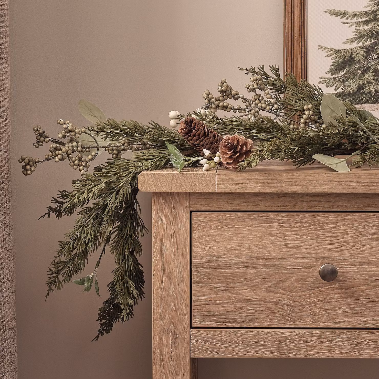 White Berry and Pinecone Christmas Garland with Green Foliage