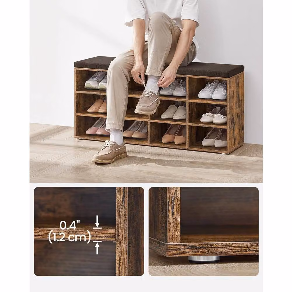 VASAGLE Brown 12 Compartment Shoe Storage Bench with Adjustable Shelves and Padded Seat – 3