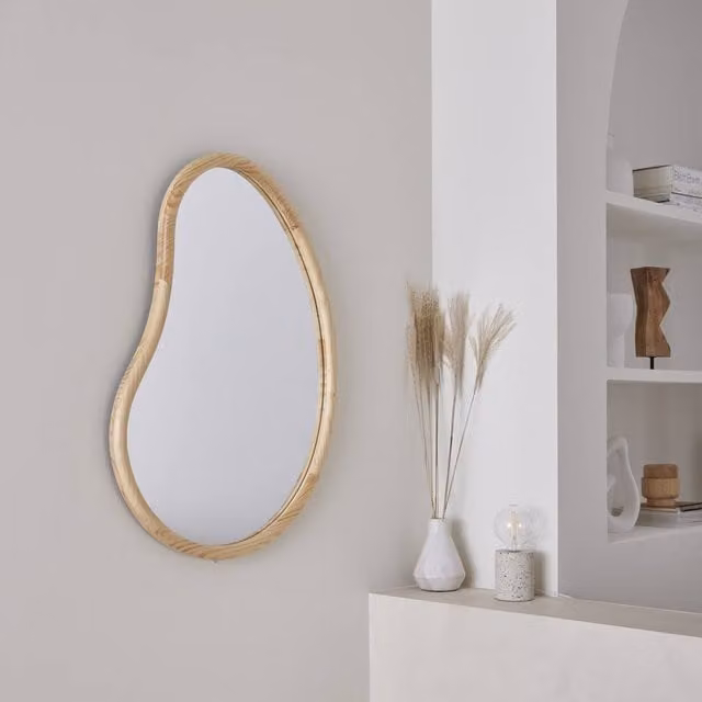 Sweekeet Beige Wooden Wall Mirror, Width: 85.5 cm