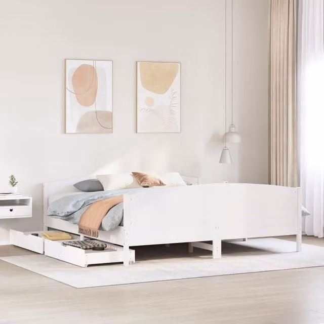 Berkfield Home Super King Solid Wood Pine Bed Frame with Drawers, White, W/D/H: 180 x 200 cm